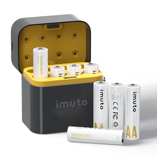imuto Batterien AA 8 Stück Wiederaufladbare Lithium 1,5V 3600mWh mit Schwarzem Schnelles Aufladen LED Ladegerät ideal Digitalkamera, Spielzeug, Sport- & Outdoor-Einsätze