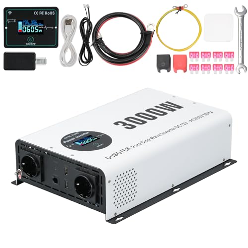 OUBOTEK Wechselrichter 3000W / 6000W Reiner Sinus DC 12V auf AC 230V mit Drahtloser Fernbedienung LCD-Anzeige 2 AC-Steckdosen 2 USB A und 1 Type C, spannungswandler für Wohnmobil Zuhause Off Grid