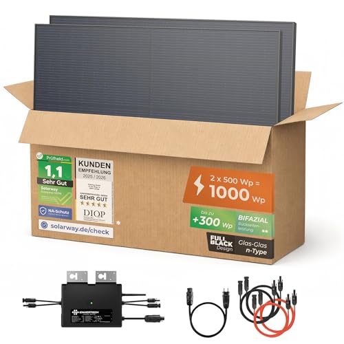 Solarway® 1000W Balkonkraftwerk 800W komplett Steckdose - neuester 800 Watt Wechselrichter - Solaranlage Komplettset - 500W bifaziale Solarmodule & Envertech & Zubehör
