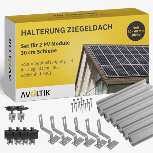 Solar Halterung Ziegeldach I Set für 2 PV Module 30-40mm I Solarmodul Halterung Balkonkraftwerk I Solarmodulbefestigungsset für Ziegeldächer aus Edelstahl 1.4301