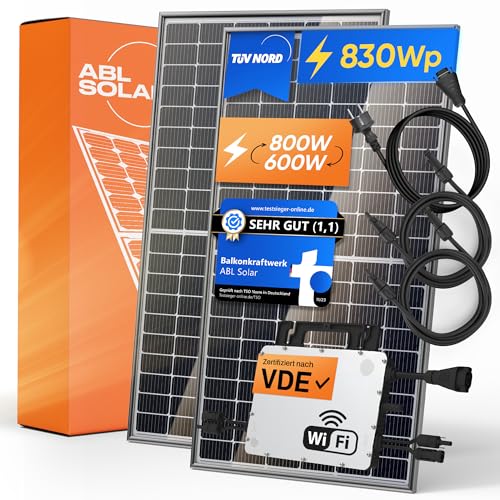 ABL SOLAR Balkonkraftwerk 800W / 600W komplett Steckdose [Täglich Geld sparen] | Upgradebarer 600W/800W Hoymiles Wechselrichter inkl. APP | 2x 415W Solarmodul | Solaranlage Komplettset