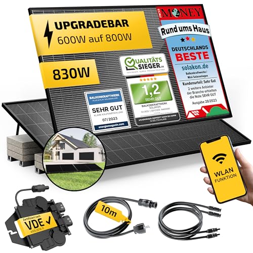 Solakon® 830W Balkonkraftwerk 800W komplett Steckdose - Inklusive Halterung - Balkonkraftwerk 800 Watt upgradebarer Wechselrichter 600W - zwei 415W Solarmodule im Solaranlage Komplettset - 10m Kabel