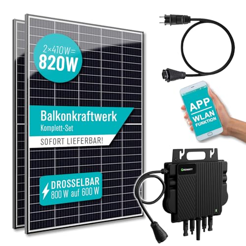 PIANETA Balkonkraftwerk 820W / 800W mit 2 x 410w Solar Module, Wechselrichter Growatt NEO-800M-X mit Wifi/Bluetooth funktion plus 5 m Schukokabel