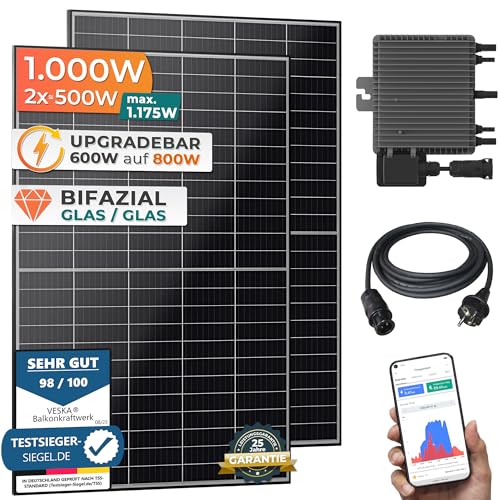 Balkonkraftwerk 1000 W / 600 W Solaranlage Steckerfertig Upgradebar auf 800 Watt WiFi Smarte Mini-PV Photovoltaik Anlage genehmigungsfrei, Schwarz (BKW-1000/600_800)