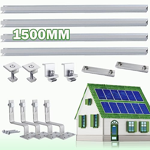 Warmfay PV Halterung Ziegeldach Montageset, Alu 1500MM Durchgängigen Profilschienen und Dachhaken Solarmodul Ziegeldach für 2X Module, Solar Halterung Ziegeldach für PV Module 30MM Dicke