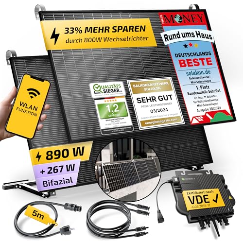 Solakon 890W Balkonkraftwerk komplett Steckdose - Inklusive Halterung - Balkonkraftwerk 1000 Watt neuester Wechselrichter 800W - Solaranlage Komplettset mit 2x445W Solarpanel mit 5m Kabel