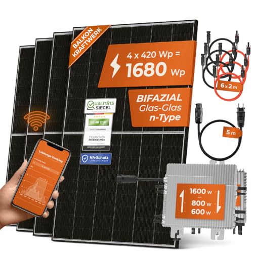 Solarway 1680W Balkonkraftwerk 1600W Komplett Steckdose - Ausgang einstellbar 600/800/1600W - 4x420W Bifaziale Glas/Glas n-Type JaSolar-Module, Wechselrichter mit APP&WiFi
