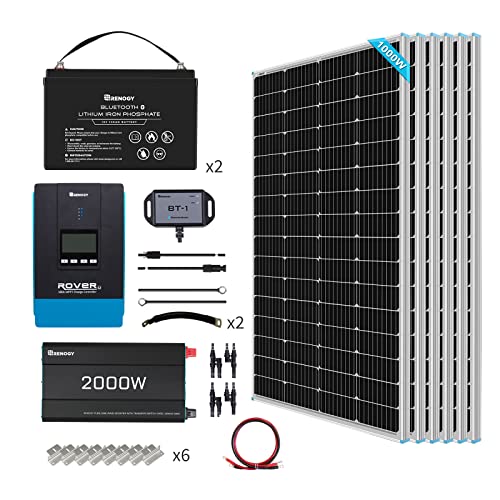 Renogy Solaranlage Komplettset,Balkonkraftwerk Inselanlage 1050W 12V 4Kwh Garten,Balkon,Dach:6*175W Solarpanels,1*2000W Reiner Sinus Wechselrichter,2*100Ah Batterie Bluetooth,100A MPPT Laderegler