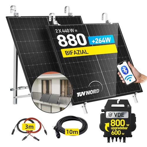 ALLDREI® 880W Balkonkraftwerk mit Halterung Balkon, 2x440W Bifazialer Solarpanel, Balkonkraftwerk 800W komplett Steckdose, Wechselrichter 800W mit Wifi&BT, Photovoltaik Komplettanlage, 10M Kabel