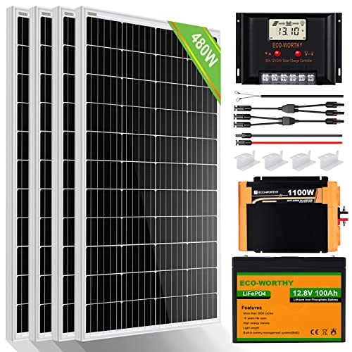 ECO-WORTHY 2 kW·h Solarsystem 480W 12V mit Wechselrichter und Batterie Netzunabhängig für Wohnmobil: 4 Stücke 120W Solarmodul + 60A Laderegler + 1 Stücke 100Ah Lithiumbatterie + 1100W Wechselrichter