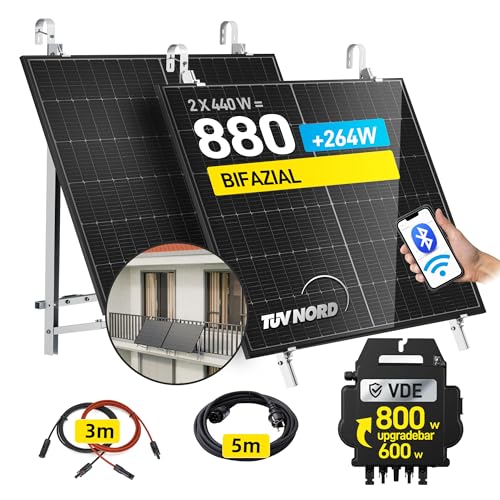 Balkonkraftwerk 880W/800W mit 2x440W Bifazialer Glas Solarmodule, balkonkraftwerk 800W komplett steckdose, Wechselrichter 800W mit Wifi Fernüberwachung, Mit 2x Halterungen Balkon