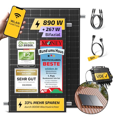 Solakon 900W Balkonkraftwerk mit Halterung (Ziegeldach, Paarmontage) - 800W komplett Steckdose - 800 Watt Wechselrichter - Solaranlage Komplettset - 450W bifaziale Solarmodule inkl Zubehör - 5m Kabel