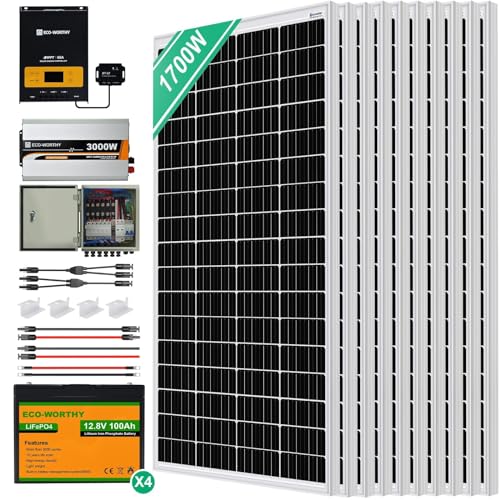 ECO-WORTHY 6,8 kWh Solarsystem 1700W 24V mit Wechselrichter und Batterie netzunabhängig für Wohnmobil: 10 170W Solarmodul + 60A Laderegler + 4 Stücke 100Ah Lithiumbatterie+ 3000W