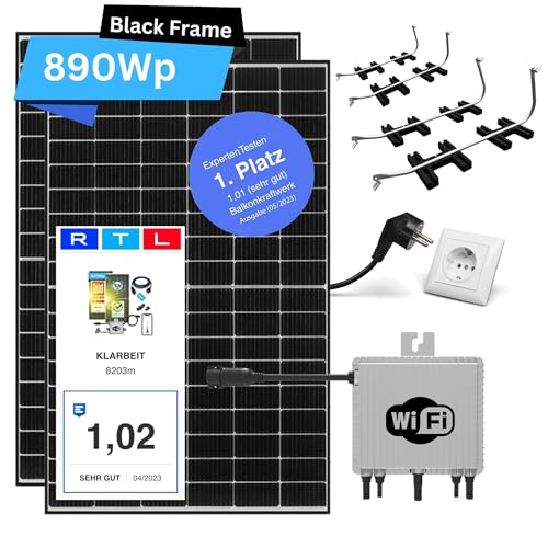 Balkonkraftwerk 800W komplett Steckdose Flachdach - KLARBEIT I 2x Balkonkraftwerk Halterung Flachdach | 2x Full Black 415w Solarpanel | 600W Wechselrichter upgradebar | Balkon Solaranlage