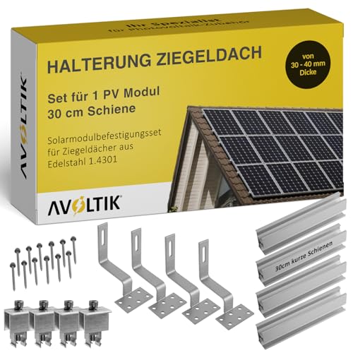 Solar Halterung Ziegeldach I Set für 1 PV Module 30-40mm I Solarmodul Halterung Balkonkraftwerk I Solarmodulbefestigungsset für Ziegeldächer aus Edelstahl 1.4301