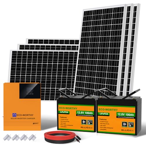 ECO-WORTHY 4 kW·h Solaranlage Komplettset Netzunabhängige,1000W 24V Solarpanel System mit LiFePO4 für Wohnmobil: 6 * 170W Solarpanel + 2 * 100Ah LiFePO4 Bluetooth+3000W 24V Hybrid Inverter