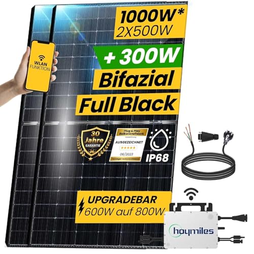 EPP.Solar® 1000W Balkonkraftwerk 800W komplett Steckdose - Balkonkraftwerk 800 Watt upgradebarer Hoymiles Wechselrichter 600W/800W, 2x500W Bifaziale Glas/Glas Solarmodule im Solaranlage Komplettset