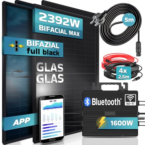 SUNNIVA 2392W Balkonkraftwerk 1600W komplett Steckdose - Astro Energy 1600W Wechselrichter -PV Solaranlage Komplettset-4x 460W BIFAZIAL FULL BLACK Glas/Glas Solarmodule-inkl.5m Kabel - Bluetooth WIFI