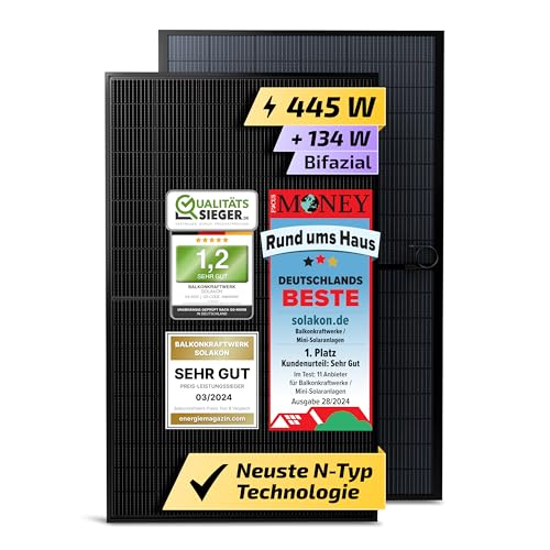 Solakon Solarmodul 450W, bifaziales monokristallines Solarpanel, 40v Photovoltaik Solarmodule/Solar Module für Balkonkraftwerk/Solaranlage 400w/500w Solar Panel für Photovoltaik Komplettanlage (1 Stk)