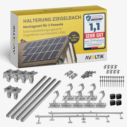 Avoltik Solar Halterung Ziegeldach I Set für 2 PV Module 30-40mm I Solarmodul Halterung Balkonkraftwerk I Solarmodulbefestigungsset für Ziegeldächer aus Edelstahl 1.4301 I PV-Halterung Montageset