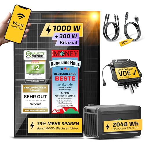 Solakon® 1000W Balkonkraftwerk mit Speicher - 1000 Watt komplett Steckdose & 800W Wechselrichter - Solaranlage Komplettset - 2x500W bifaziale Solarmodule & 2kWh Speicher für Balkonkraftwerk