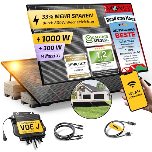 Solakon® 1000W Balkonkraftwerk mit Halterung (Flachdach) - Balkonkraftwerk 800W komplett Steckdose - 800 Watt Wechselrichter - Solaranlage Komplettset - 500W bifaziale Solarmodule inkl. Zubehör