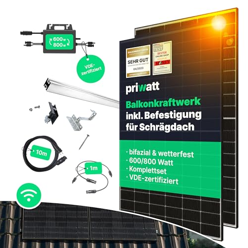 priwatt® Balkonkraftwerk priRoof Duo zur Ziegeldach-Befestigung [880 Wp] - Solaranlage Komplettset (2 bifaziale Solarmodule, TSUN Wechselrichter & Dachhalterung mit Zubehör)