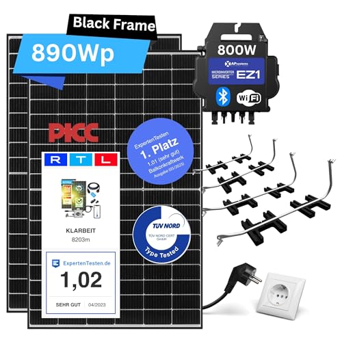 Balkonkraftwerk 800w komplett Steckdose Flachdach - KLARBEIT I 2x Balkonkraftwerk Halterung Flachdach | 2x Shingled Full Black 415w Solarpanel | 600W Wechselrichter upgradebar | Balkon Solaranlage