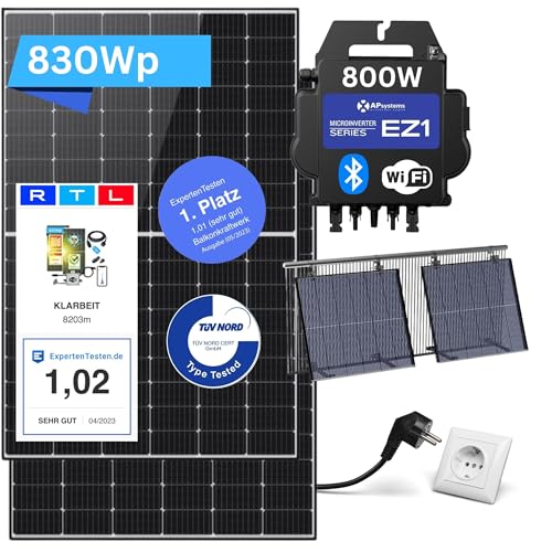 Balkonkraftwerk Komplettset mit Halterung - KLARBEIT | 2x Shingled Full Black 415w Solarpanel | 600W Wechselrichter | Balkon Mini Solaranlage 600W | Photovoltaik Komplettset