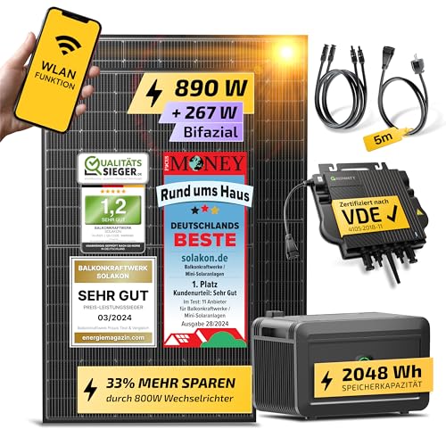 Solakon® 900W Balkonkraftwerk mit Speicher - Balkonkraftwerk 800W komplett Steckdose - neuester 800 Watt Wechselrichter - Growatt NOAH 2000 mit 2 kWh - 450W bifaziale Solarmodule