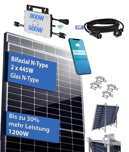 Balkonkraftwerk Solaranlage 1200W Bifazial N-TYpe Leistung 890Wp / 800W Stecker fertig mit Hoymiles HMS-800-2T Balkon Solaranlage Set (Hoymiles, Halterung für Balkon mit Vierkantrohr Handlauf, 800W)