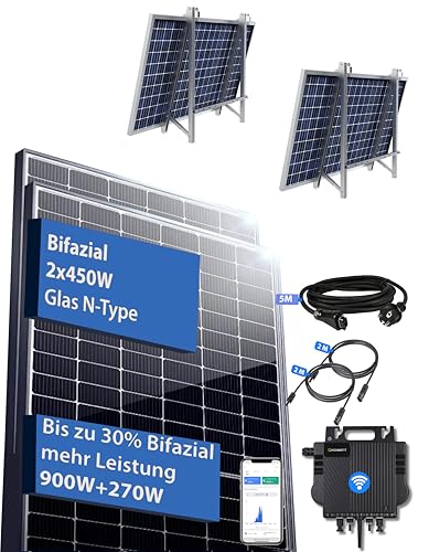 Balkonkraftwerk Solaranlage 1200W Bifazial N-TYpe Leistung 900Wp / 800W Stecker fertig Balkon Solaranlage Set (Halterung für Balkon mit Vierkantrohr Handlauf, 800W)