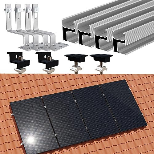 Photovoltaik Ziegeldach Befestigungssystem,Solar Alu Halterung Befestigung Schiene Dachhaken PV für 2 Module,Solarmodule Halterung Montageschiene Set für Solar Panel Verstellbar 30-35MM Dick