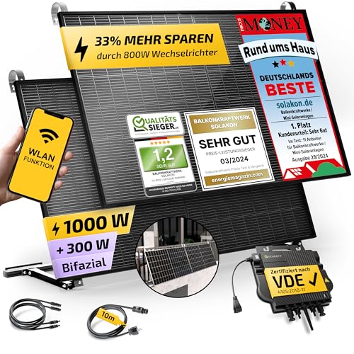 Solakon® 1000W Balkonkraftwerk mit Halterung (Balkon) - Balkonkraftwerk 800W komplett Steckdose - neuester 800 Watt Wechselrichter - Solaranlage Komplettset - 500W bifaziale Solarmodule inkl. Zubehör