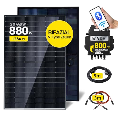 ALLDREI® Balkonkraftwerk 880W/800W mit 2x440W Bifazialer Glas Solarmodule, balkonkraftwerk 800W komplett steckdose, Wechselrichter 800W inkl. Integrierter WLAN&BT, 0% MwSt.