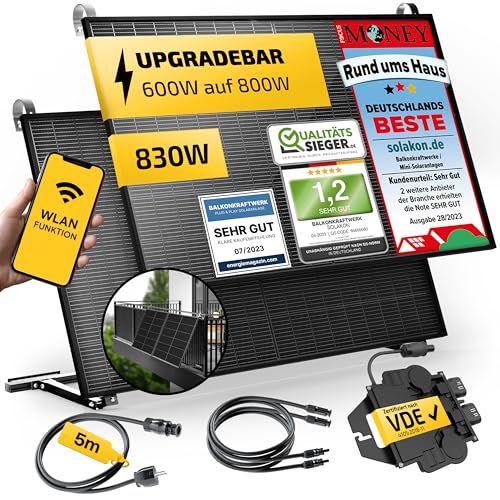 Solakon® 830W Balkonkraftwerk 800W komplett Steckdose - Inklusive Halterung - Balkonkraftwerk 800 Watt upgradebarer Wechselrichter 600W - zwei 415W Solarmodule im Solaranlage Komplettset - 5m Kabel