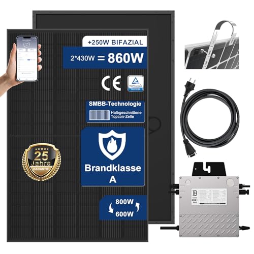 BENY 860W Balkonkraftwerk 800W Komplett Steckdose, Solaranlage Komplettset -2x430W Bifazial Solarpanels- Inklusive Solarmodul Halterung- 800W/ 600W Wechselrichter mit APP& Wifi- 5m Kabel, 0% MwSt.