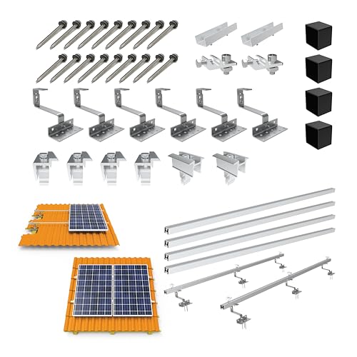 SAVOLAR Solarmodul Halterung Ziegeldach Montageset für 2 Paneele – Edelstahl-Dachhaken und Aluminium-Profile, kompatibel mit 30-40 mm dicke Solarmodulen auf Schrägdächern, ‎‎0% MwSt.