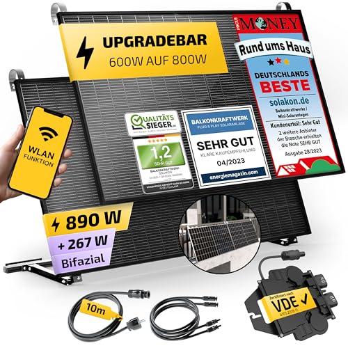 Solakon® 890W Balkonkraftwerk 800W / 600W komplett Steckdose - Upgradebarer Wechselrichter - Inklusive Halterung - 445W Bifaziale Solarmodule & 600W/800W Wechselrichter & Zubehör - 10m Kabel