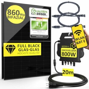 DUR-line Balkonkraftwerk 860Wp | 800W Komplettset mit bis zu 1118Wp bifazialer PV-Leistung und 20m Anschlusskabel zum Einstecken in die Steckdose - Wifi Fernüberwachung, Mini-Solaranlage, N-TOPCon