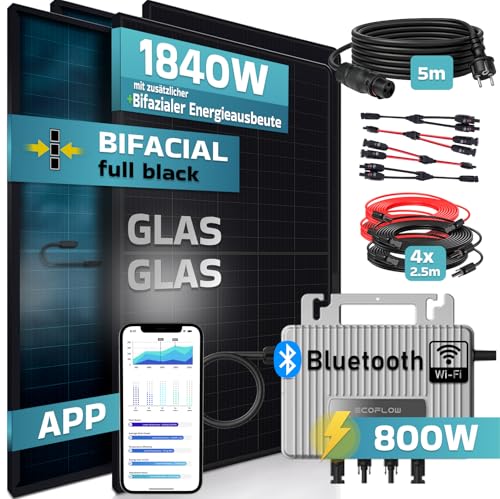 SUNNIVA® 1840W Balkonkraftwerk BIFAZIAL FULLBLACK komplett Steckdose ECOFLOW 800W Wechselrichter, PV Solaranlage, 4x 460W Glas-Glas Solarmodule, inkl. 5m Kabel, Bluetooth WIFI, Komplettset – Bild 2