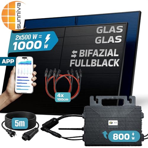 SUNNIVA 1000W Balkonkraftwerk BIFAZIAL FULLBLACK komplett Steckdose ASTRO-E 800W Wechselrichter, PV Solaranlage, 2x 500W Glas-Glas Solarmodule, inkl. 5m Kabel, Bluetooth WIFI, Komplettset – Bild 2