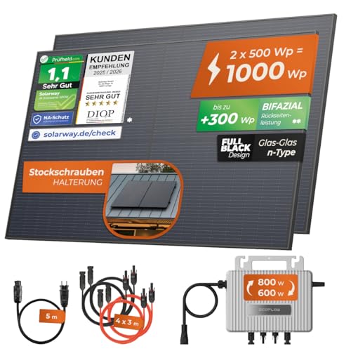Solarway® 1000Wp / 800W Balkonkraftwerk komplett Steckdose - neuester EcoFlow Stream 800 Watt Wechselrichter - Solaranlage Komplettset - 500W bifaziale Black Solarmodule & EcoFlow & Zubehör – Bild 2