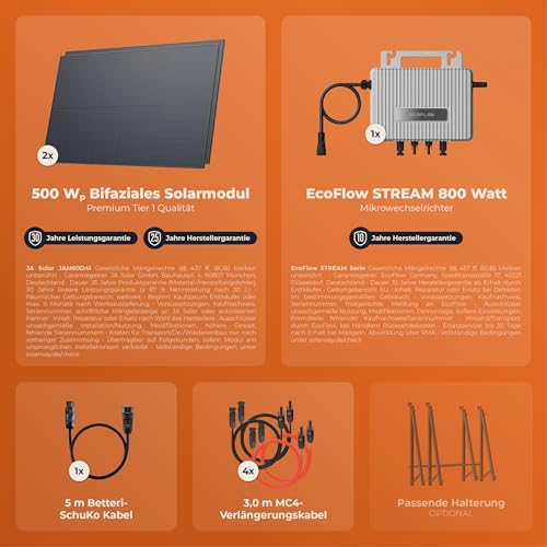 Solarway® 1000Wp / 800W Balkonkraftwerk komplett Steckdose - neuester EcoFlow Stream 800 Watt Wechselrichter - Solaranlage Komplettset - 500W bifaziale Black Solarmodule & EcoFlow & Zubehör – Bild 8