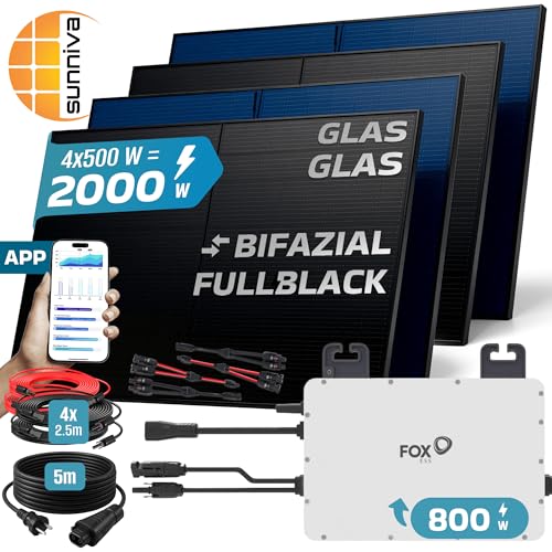 SUNNIVA 2000W Balkonkraftwerk BIFAZIAL FULLBLACK komplett Steckdose FOXESS 800W Wechselrichter, PV Solaranlage, 4x 500W Glas-Glas Solarmodule, inkl. 5m Kabel, Bluetooth WIFI, Komplettset – Bild 2