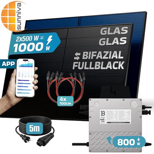 SUNNIVA 1000W Balkonkraftwerk BIFAZIAL FULLBLACK komplett Steckdose BENY 800W Wechselrichter, PV Solaranlage, 2x 500W Glas-Glas Solarmodule, inkl. 5m Kabel, WIFI, Komplettset – Bild 2