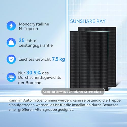 SUNSHARE Ray 600W Balkonkraftwerk mit Halterung Beton Balkon - Balkonkraftwerk 800W komplett Steckdose - neuester 800 Watt Wechselrichter - Solaranlage Komplettset - inkl Zubehör - 5m Kabel – Bild 3