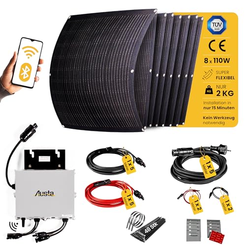 Vitavelle 880W Balkonkraftwerk Set, 8X110W ultraleichte flexible Solarpaneele – 800W WIFI-Wechselrichter, komplett Steckdose Photovoltaik-System