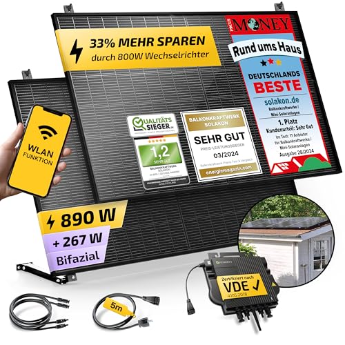 Solakon 900W Balkonkraftwerk mit Halterung (Gartenhaus) - Balkonkraftwerk 800W komplett Steckdose - 800 Watt Wechselrichter - Solaranlage Komplettset - 450W bifaziale Solarmodule inkl Zubehör - 5m