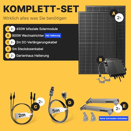 Solakon 900W Balkonkraftwerk mit Halterung (Gartenhaus) - Balkonkraftwerk 800W komplett Steckdose - 800 Watt Wechselrichter - Solaranlage Komplettset - 450W bifaziale Solarmodule inkl Zubehör - 5m – Bild 4